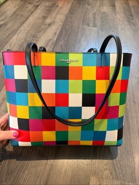 NWT Karl Lagerfeld Maybelle Rainbow Checkered Tote with Black Handles